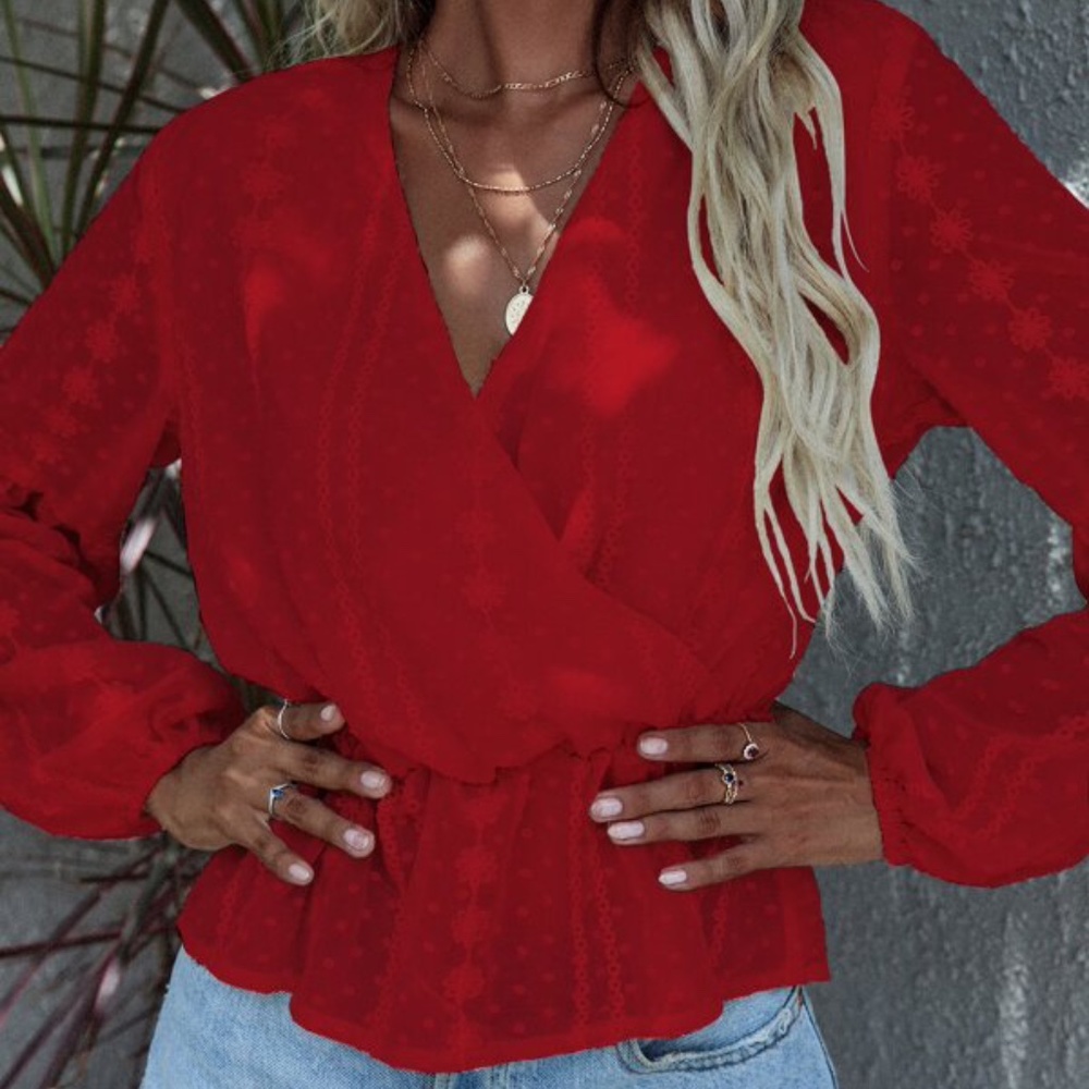 Bohemian Red Polka Dot Floral Surplice Peplum Blouse